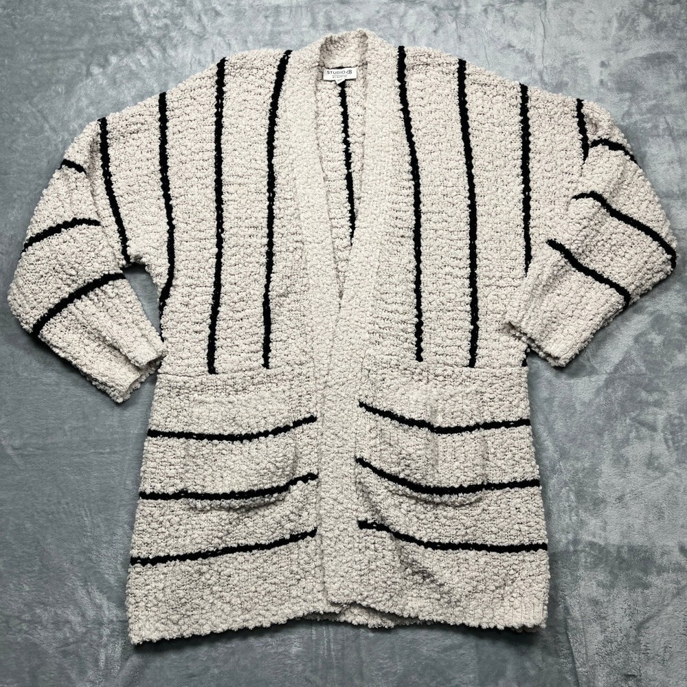 Studio B by Bobeau Cardigan Women M Cream Black Striped Popcorn Knit Open Front